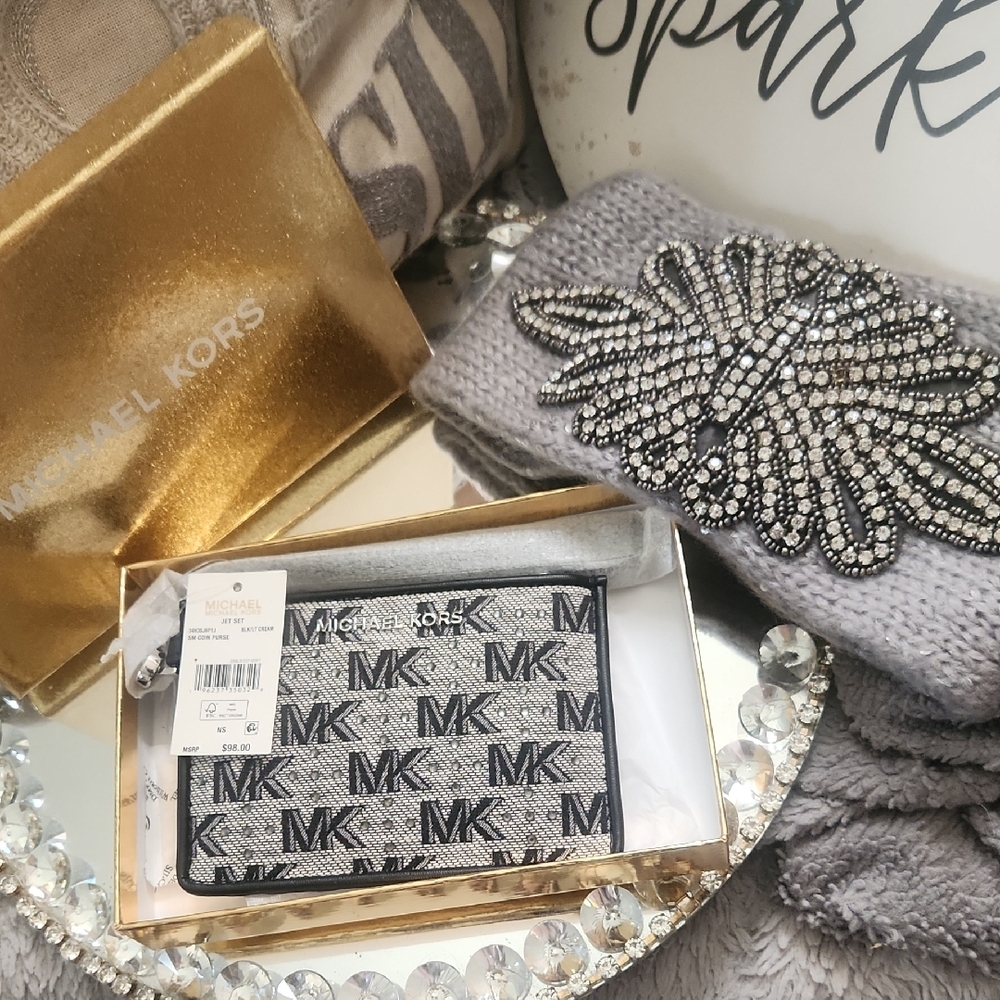 Michael Kors Black and Gray Logo W Rhinestone Wristlet & Ear Warming Headband